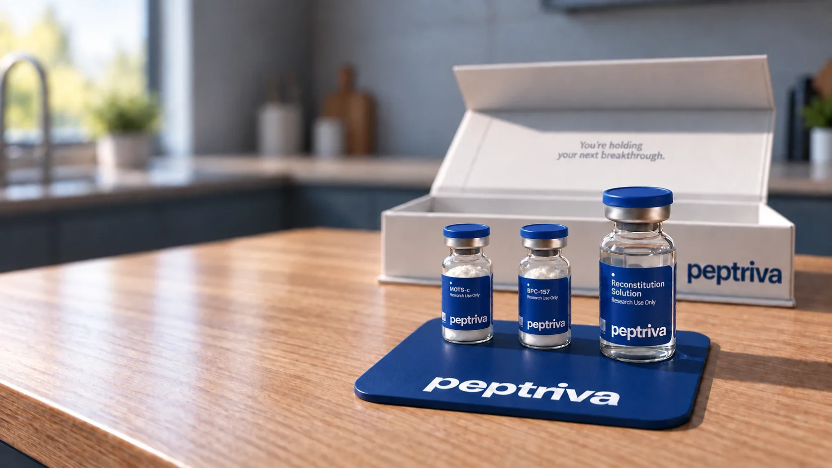 Peptriva MOTS-c, BPC-157 and Reconstitution Solution vials with their shipping box