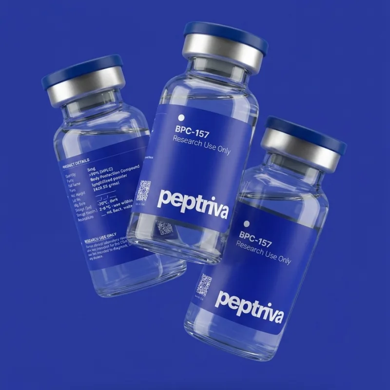 Three Peptriva research-grade peptide vials on the brand-blue backdrop — sample COA format