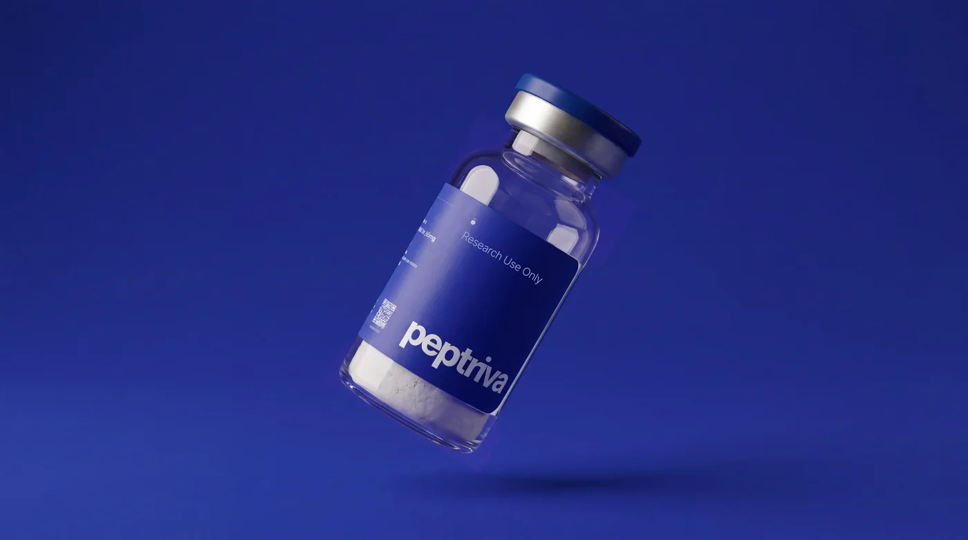 A sealed research vial on a royal-blue backdrop, with five questions pinned to it