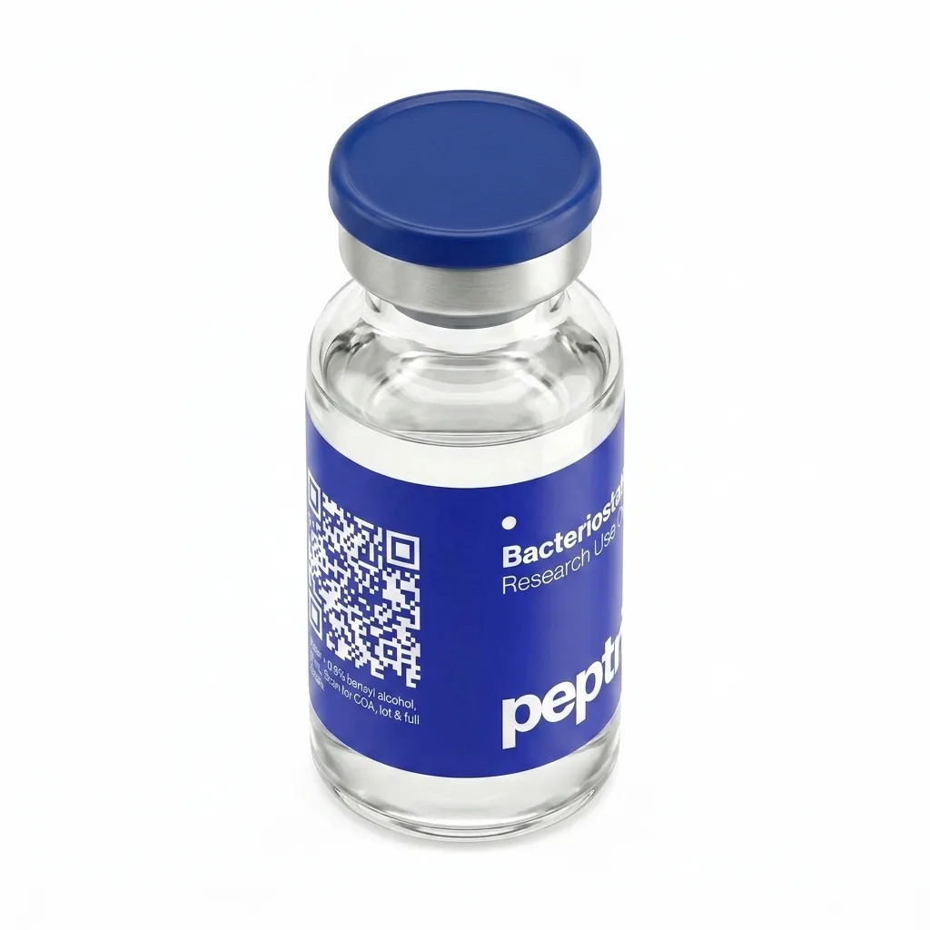 Bacteriostatic Water research-grade vial &mdash; angled view