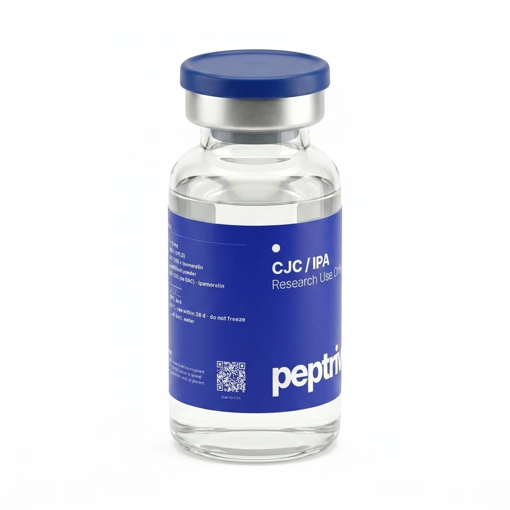 CJC-1295 / Ipamorelin blend ISO 17025-verified vial &mdash; angled view