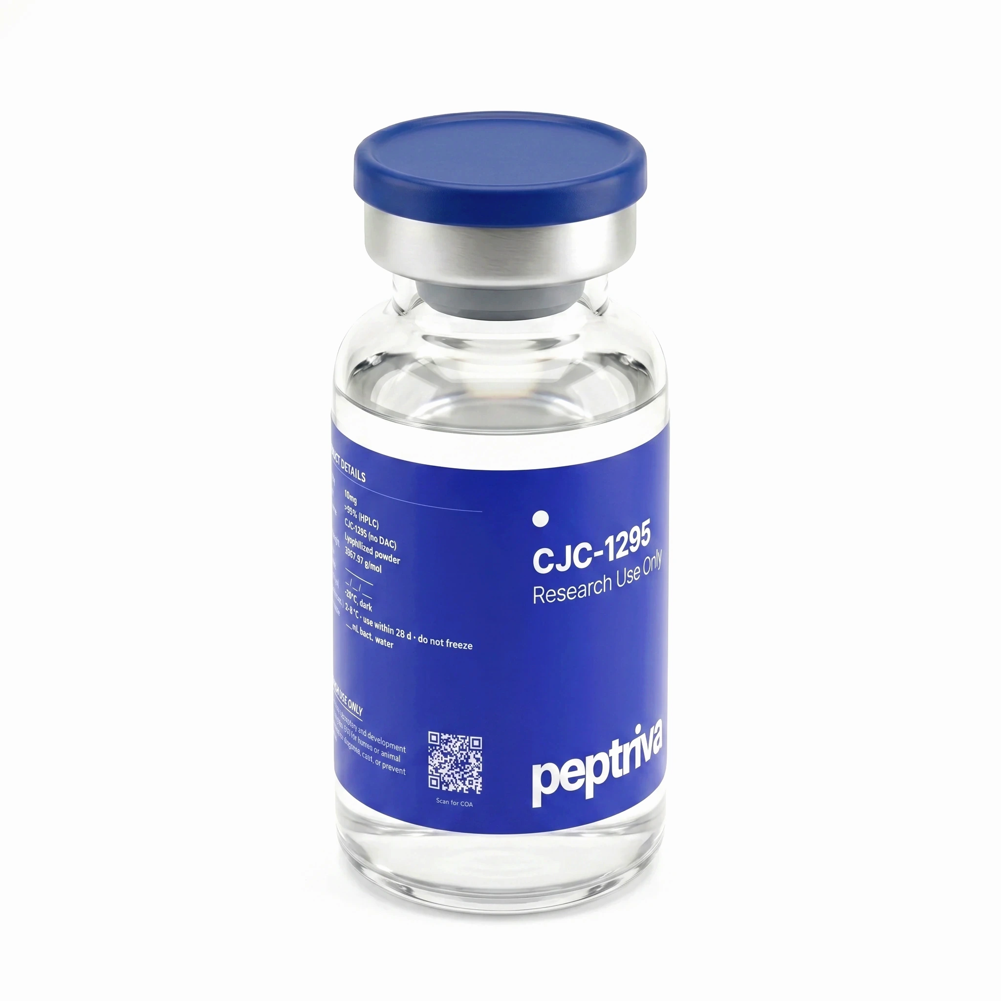 CJC-1295 research-grade vial &mdash; angled view