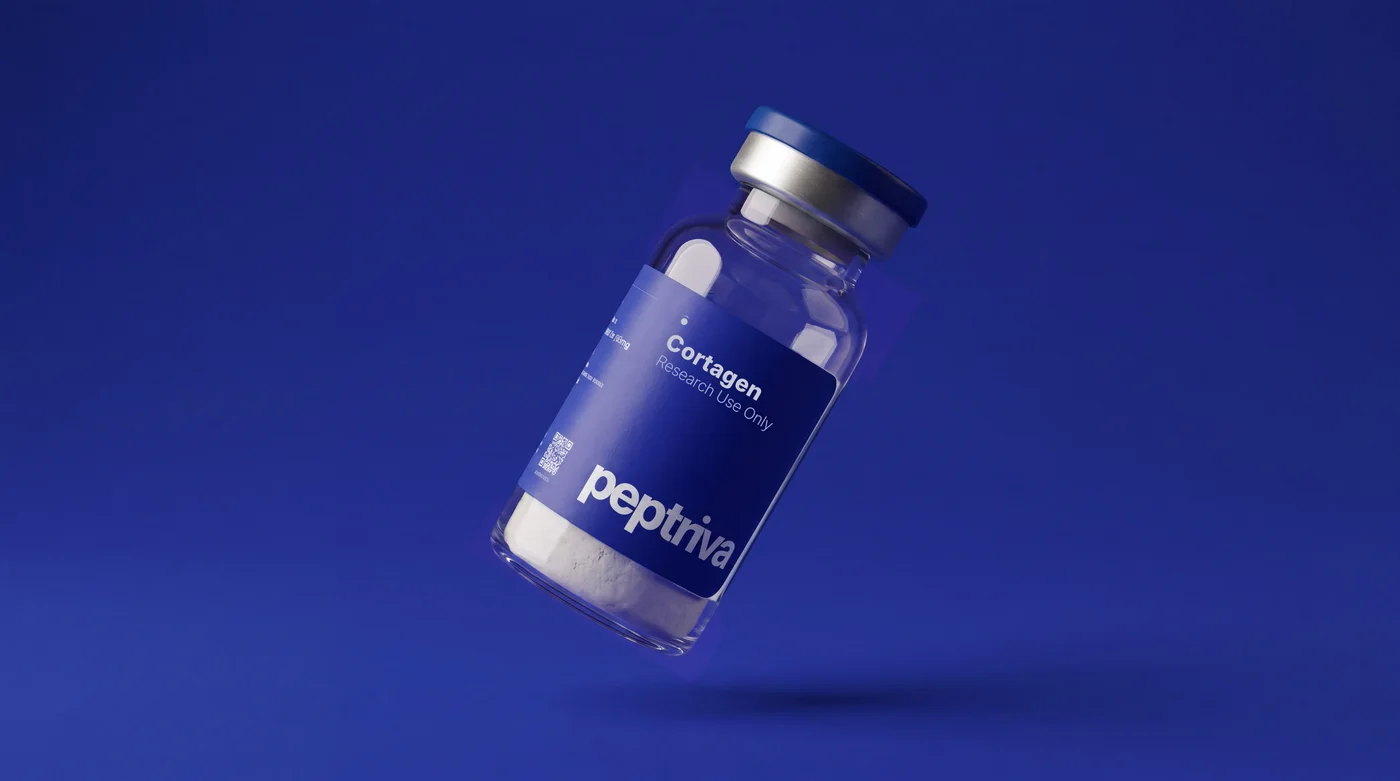 A Peptriva research vial on the brand&rsquo;s royal-blue backdrop