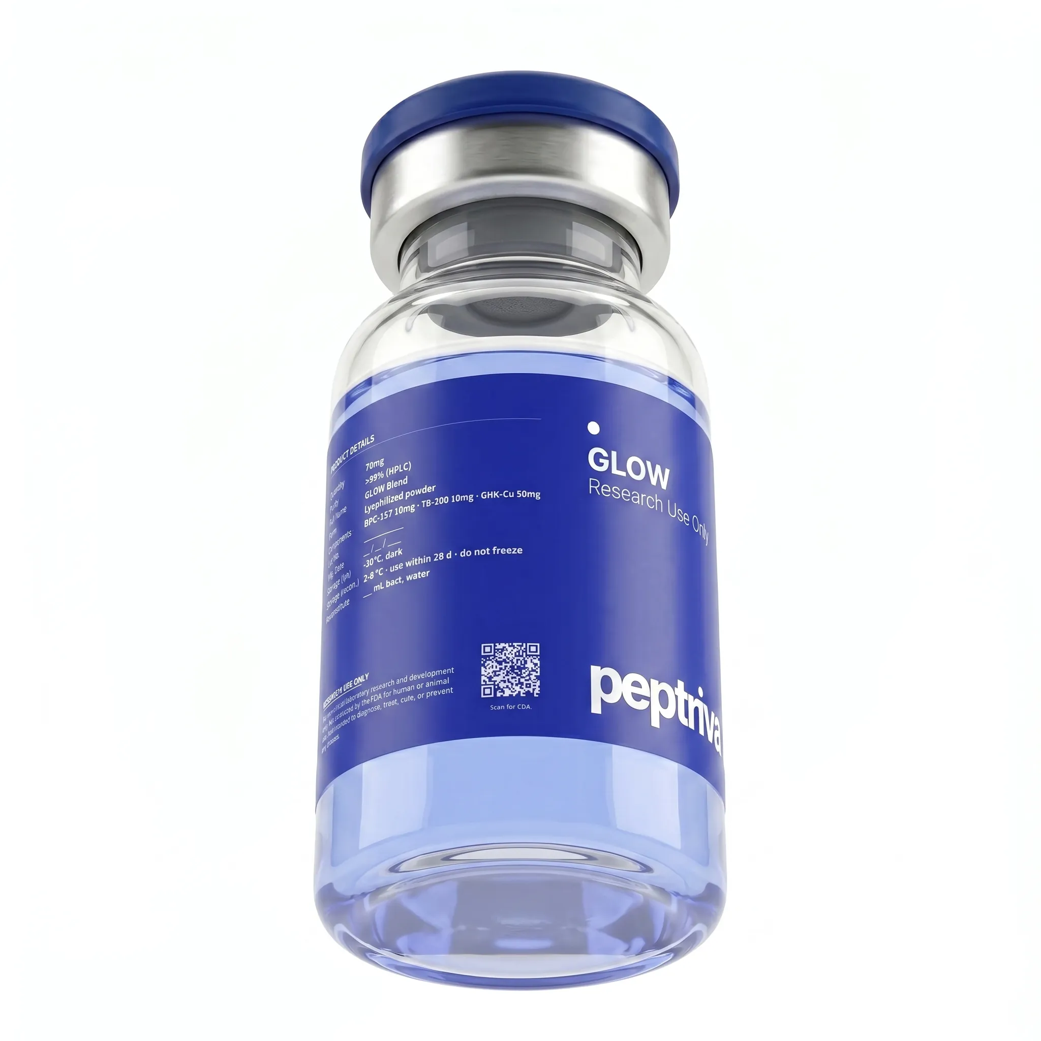 GLOW Blend ISO 17025-verified vial &mdash; angled view