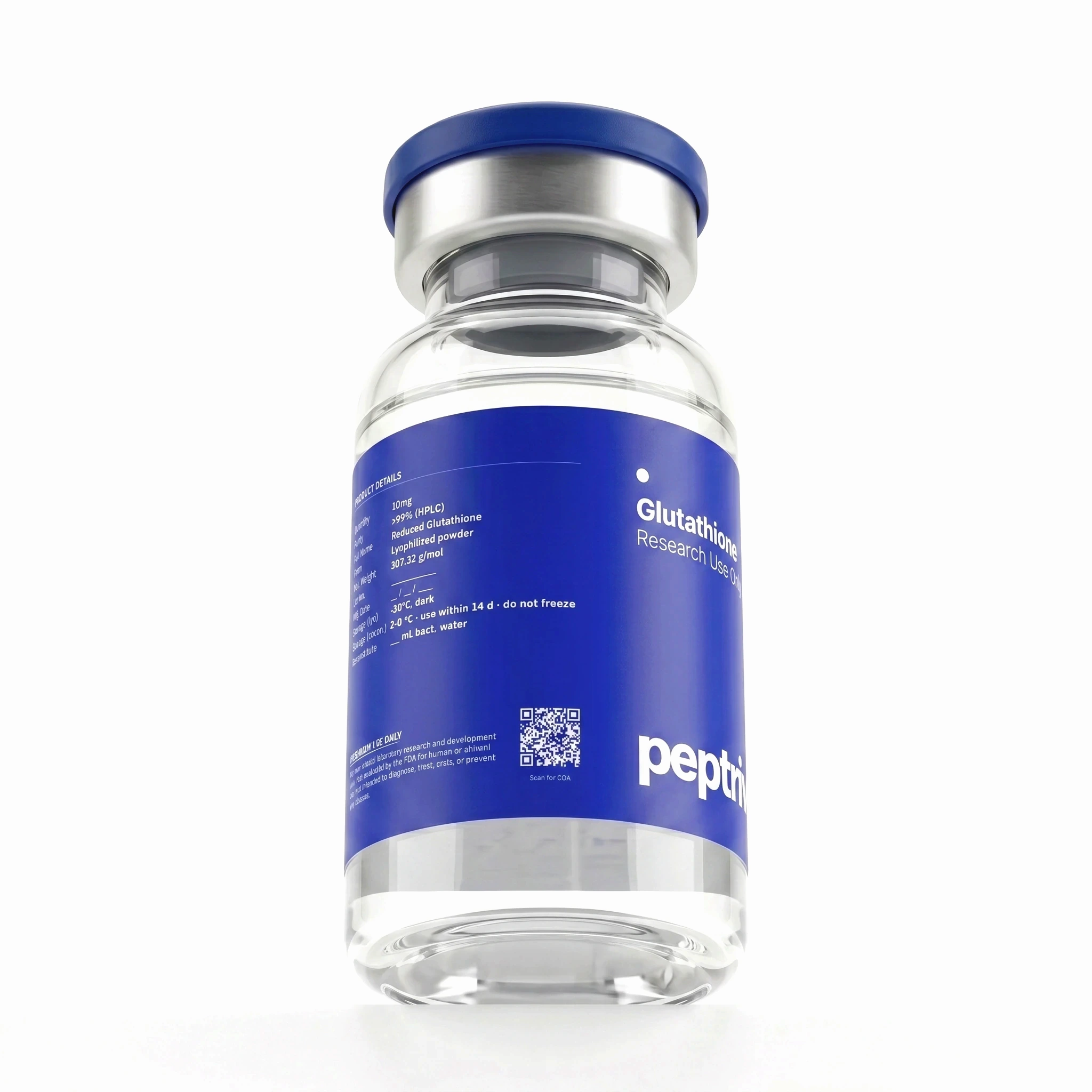 Glutathione research-grade vial &mdash; angled view