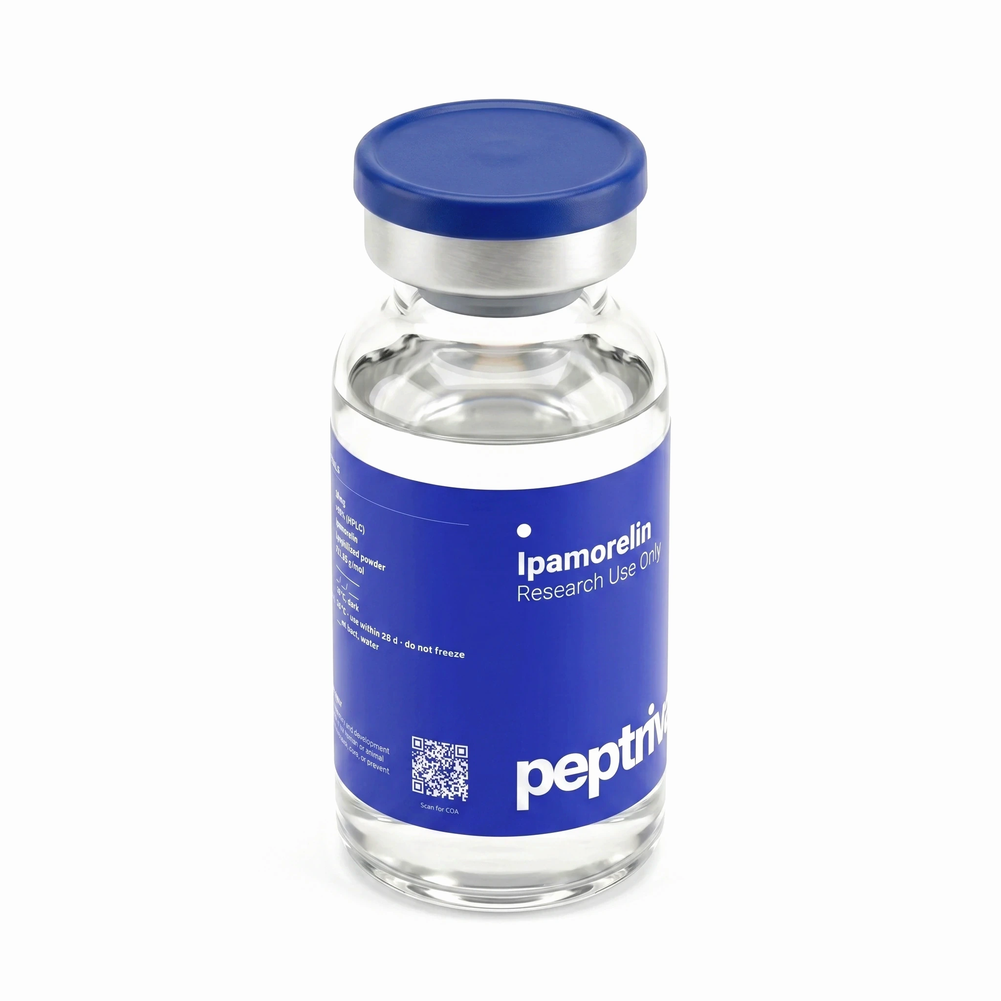 Ipamorelin research-grade vial &mdash; angled view