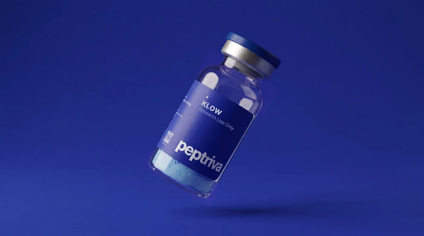 A Peptriva research vial on the brand&rsquo;s royal-blue backdrop
