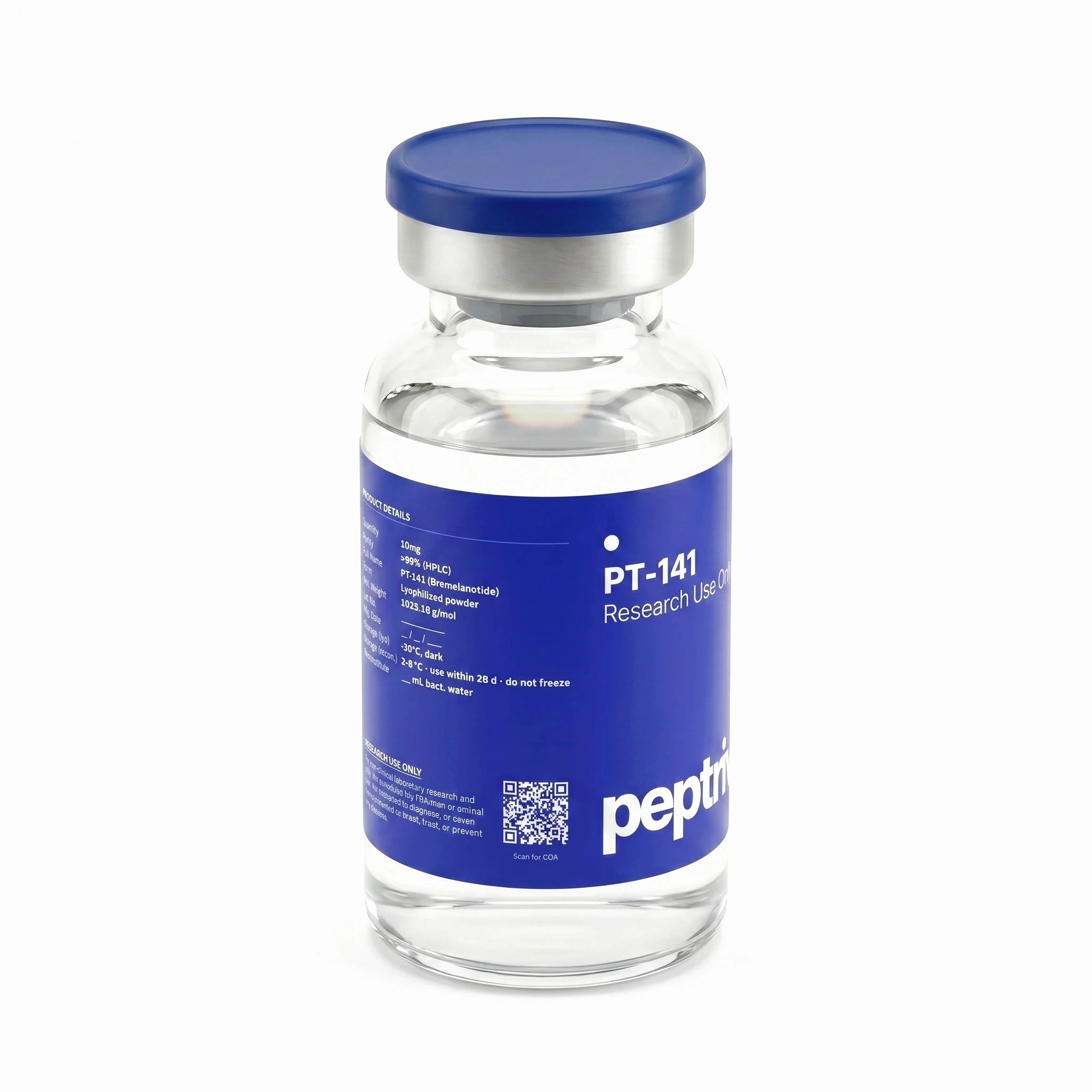 PT-141 research-grade vial &mdash; angled view