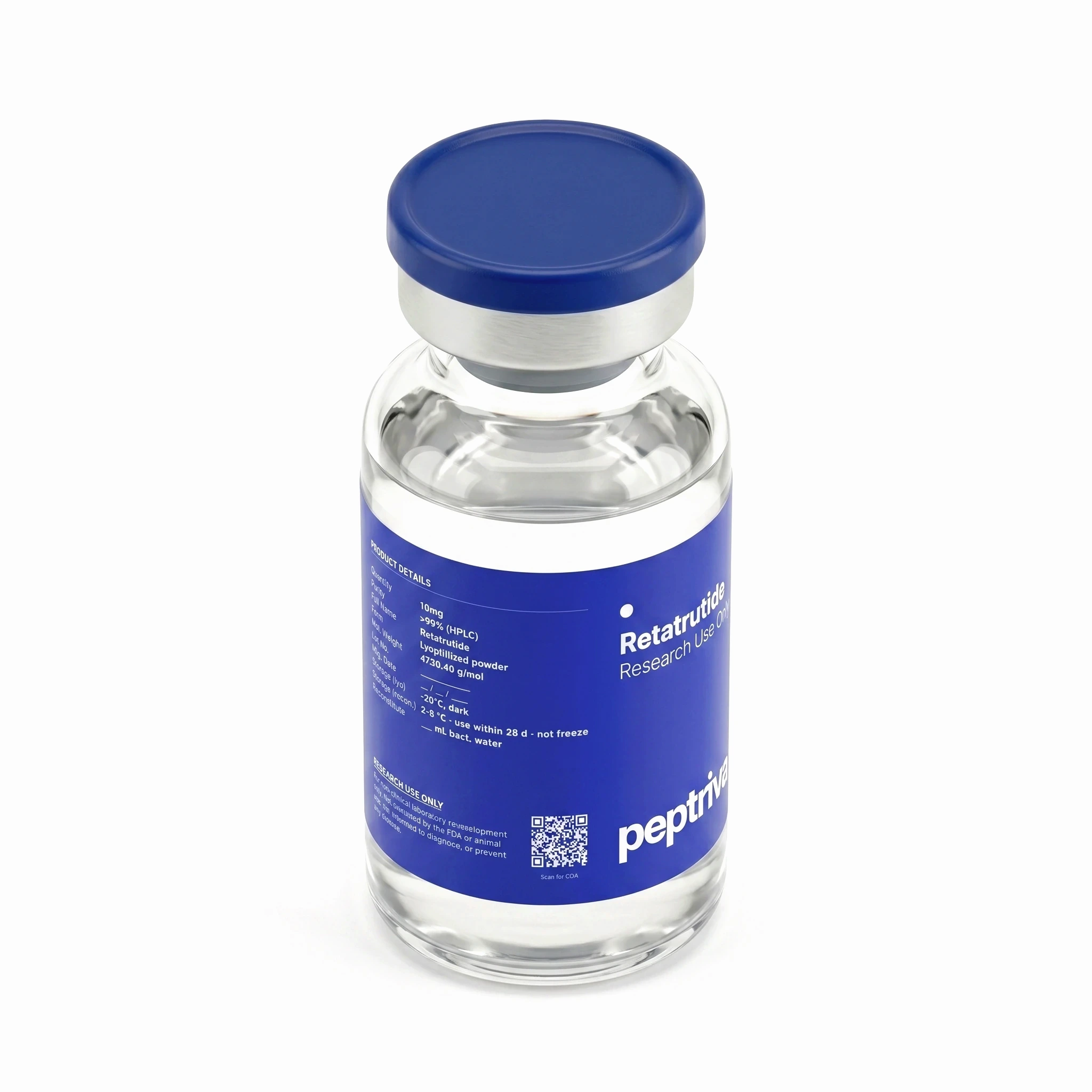 Retatrutide research-grade vial &mdash; angled view