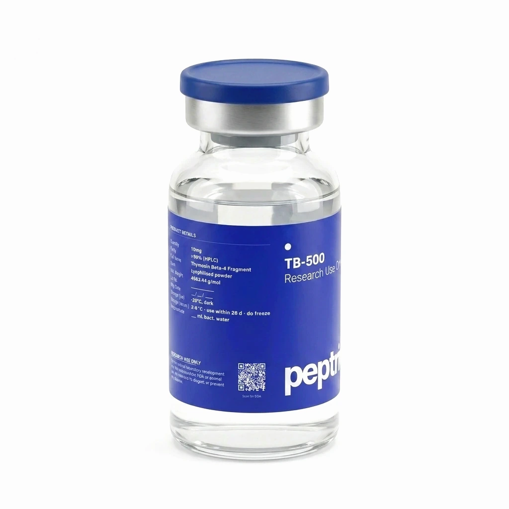 TB-500 research-grade vial &mdash; angled view