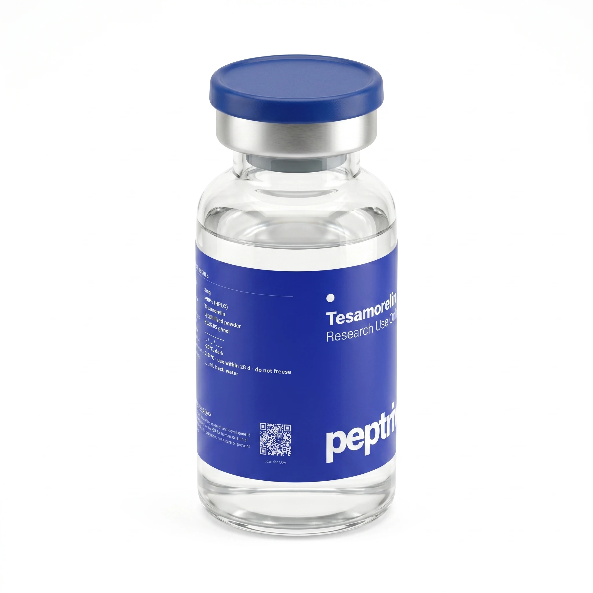 Tesamorelin research-grade vial &mdash; angled view