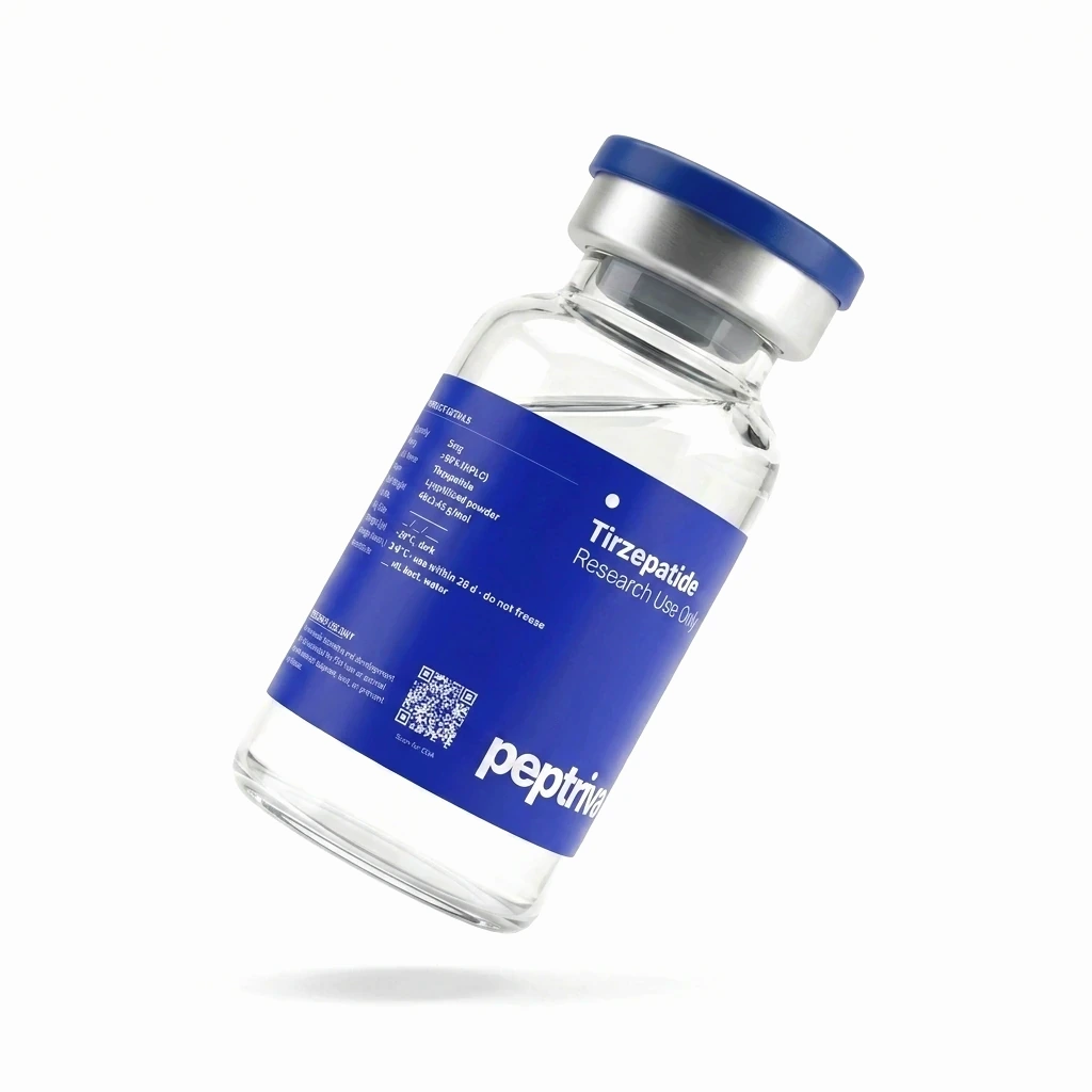 Tirzepatide research-grade vial &mdash; angled view