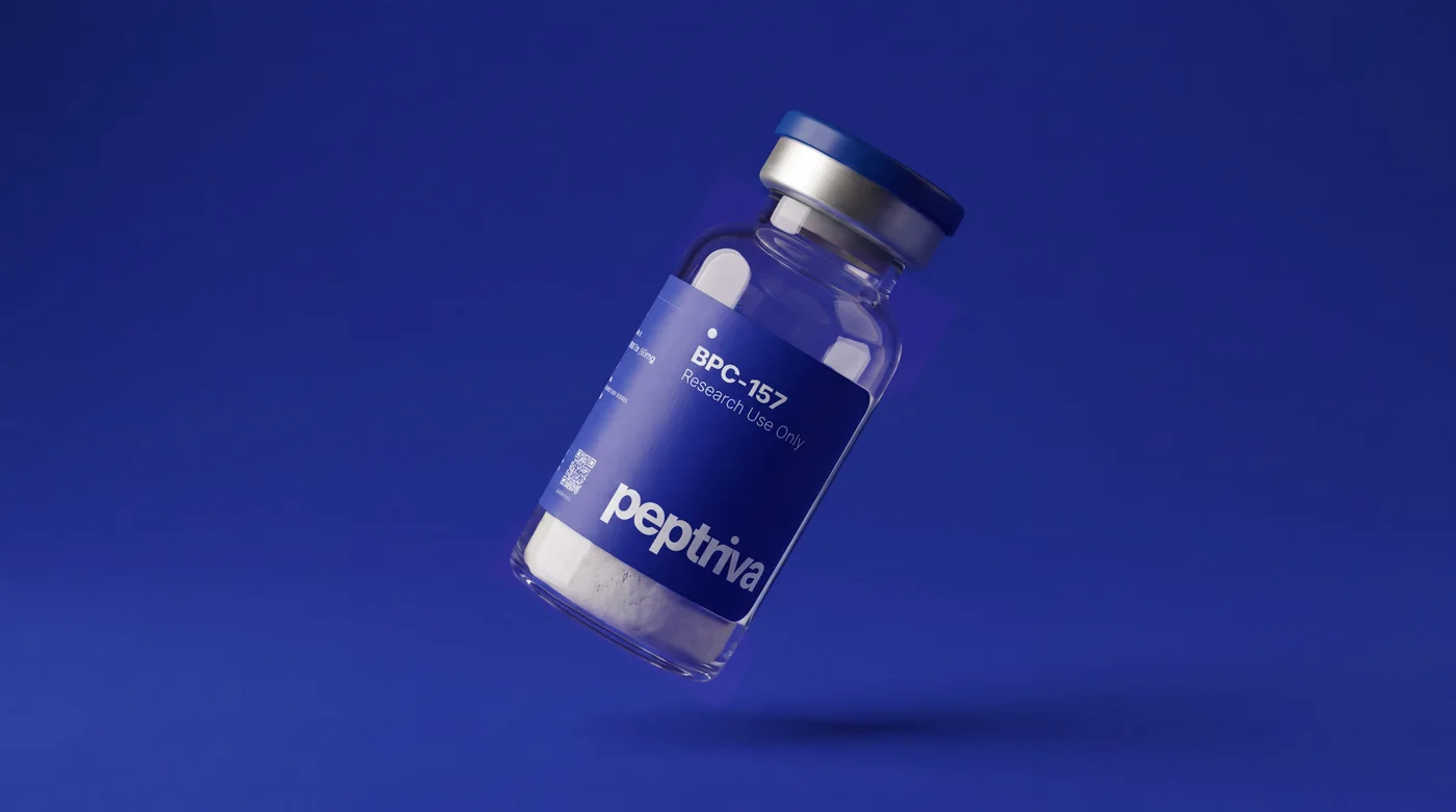 A Peptriva research vial on the brand's royal-blue backdrop